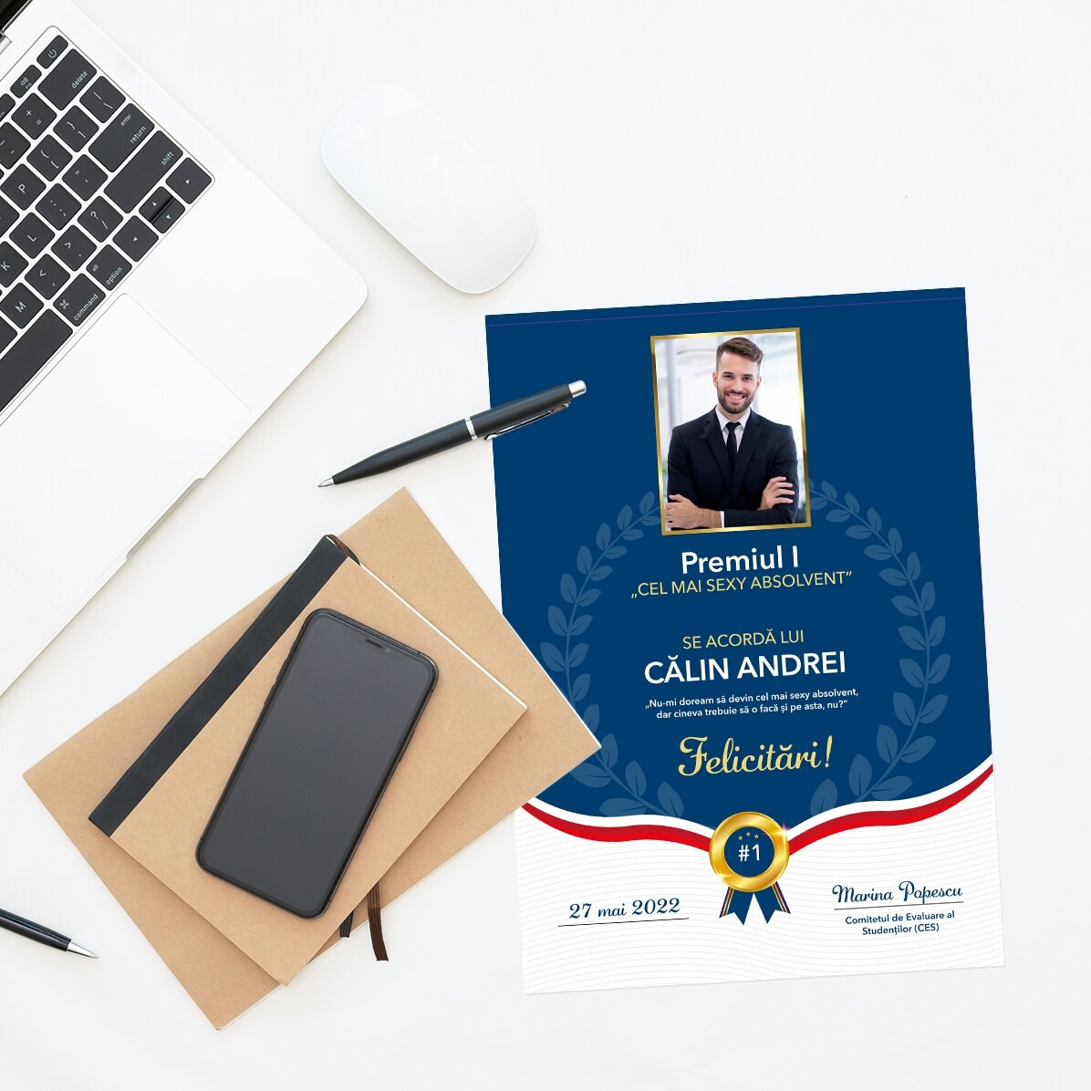 Diplôme personnalisé avec photo et texte - Meilleur diplômé