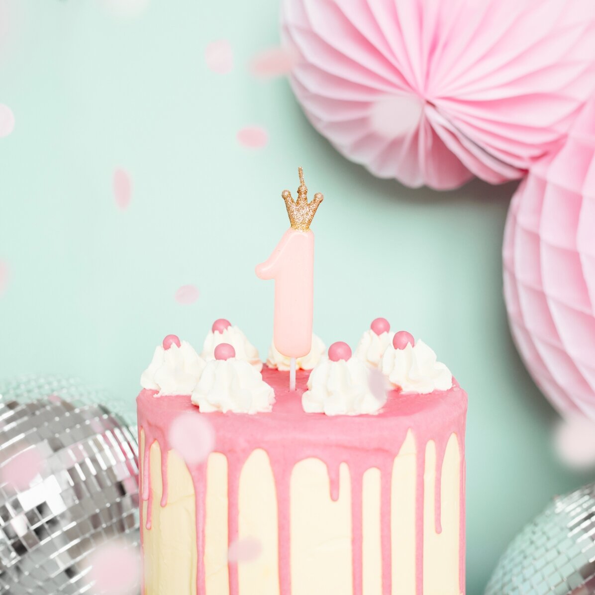 Bougies pour gâteau - Chiffre rose avec une couronne, 9,5 cm