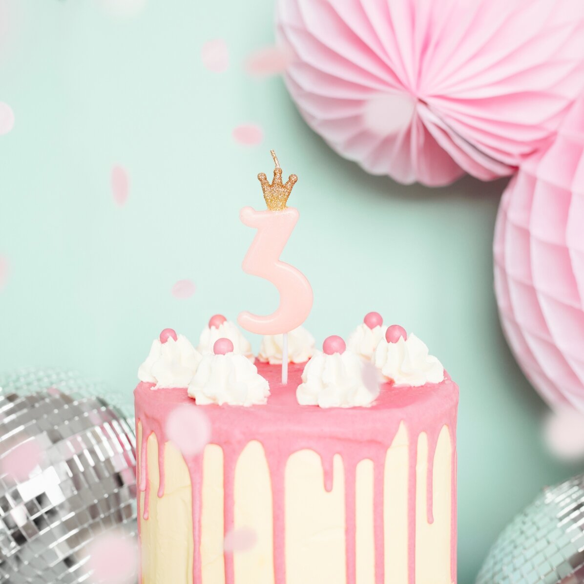 Bougies pour gâteau - Chiffre rose avec une couronne, 9,5 cm
