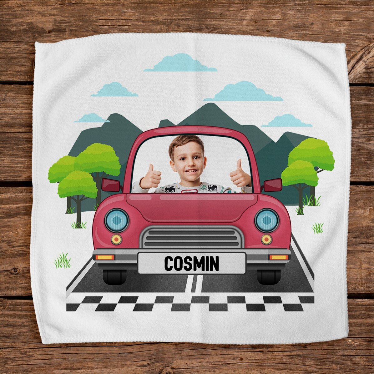 Serviette personnalisée avec une photo et un texte pour enfants - Voiture