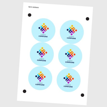 Set of 6 round stickers (self-adhesive labels), diameter 7 cm, customised with logo