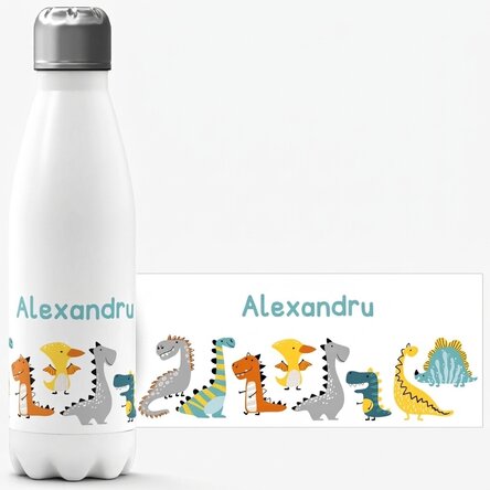 Thermos à base blanche personnalisé avec un prénom - Dinosaures