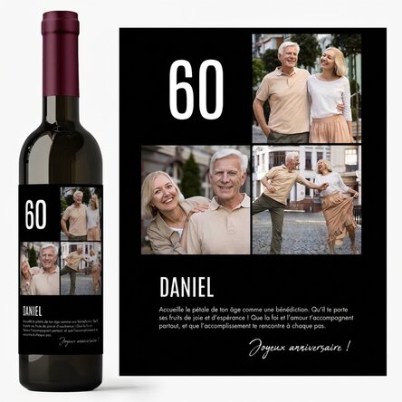 Vin personnalisé avec un texte et 3 photos pour un anniversaire - 60