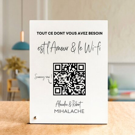 Cadre photo de bureau personnalisé avec texte et code QR - « Scan for Wifi » (fond blanc)