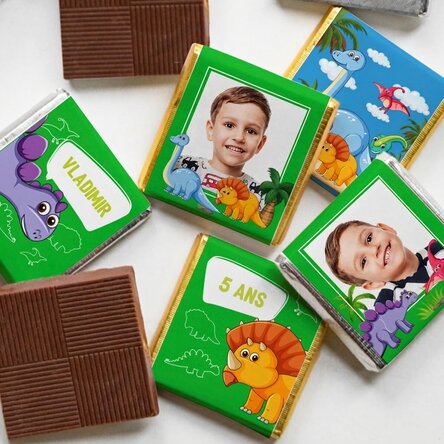 Lot de 5 mini-chocolats personnalisés avec photos et texte - Dinosaures