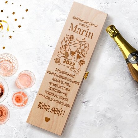 Caisse de vin mousseux personnalisée avec un message pour le Nouvel An