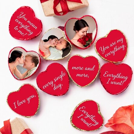 Set of 10 mini heart chocolates personalised with photos and text - Hidden message