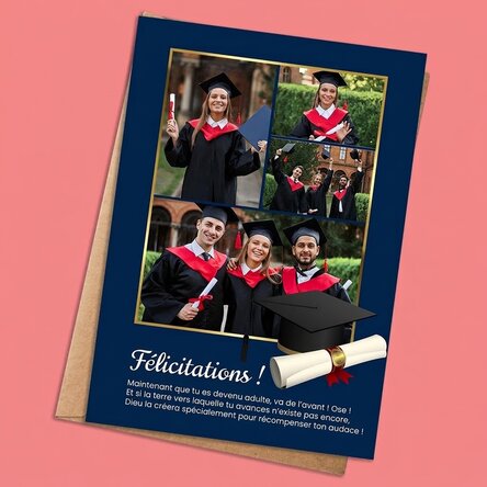 Carte personnalisée avec 4 photos et un texte pour la remise des diplômes