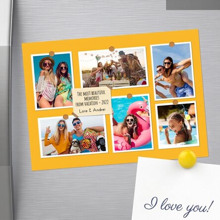 Aimant personnalisé de 18 x 13 cm avec 6 photos et un texte - Souvenirs