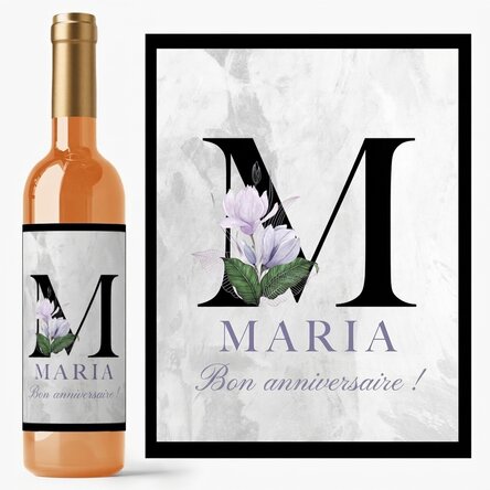 Vin personnalisé avec une initiale, un prénom et un message - Floral