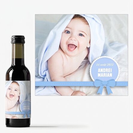 Mini-bouteille de vin personnalisée avec une photo et un texte - Cadeau de baptême pour un petit gar