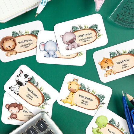 Lot de 8 autocollants (étiquettes adhésives) personnalisés pour l'école avec texte - Petits animaux