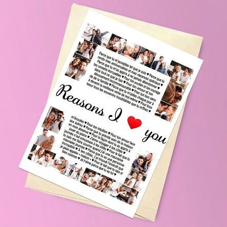 Carte de vœux magnétique personnalisée avec 20 photos et un texte - « Reasons I love You »