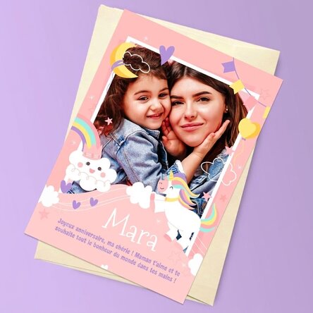 Carte de vœux magnétique personnalisée avec une photo et un texte - Rainbows and unicorns