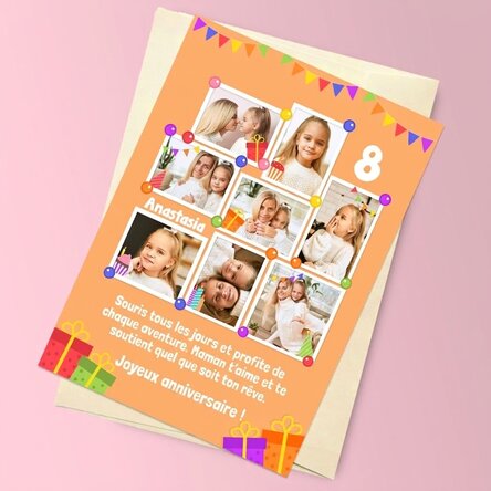 Carte de vœux magnétique personnalisée avec 8 photos et un message pour les enfants - Anniversaire