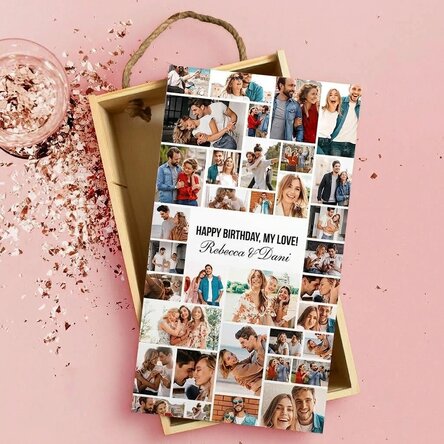 Personalised wooden gift box with 35 photos and text