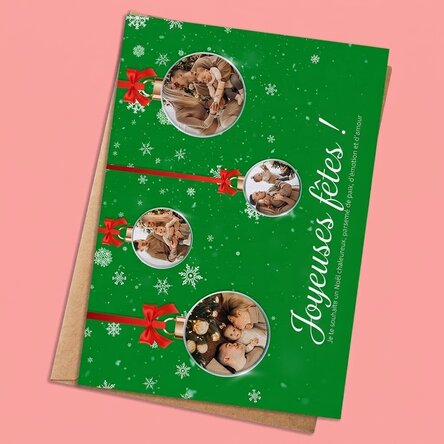 Carte de Noël personnalisée avec 4 photos et un texte - Modèle « Globulete »