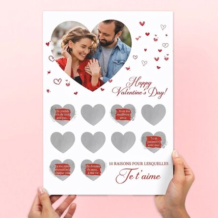Affiche à gratter personnalisée avec une photo et un texte - 10 raisons pour lesquelles je t'aime