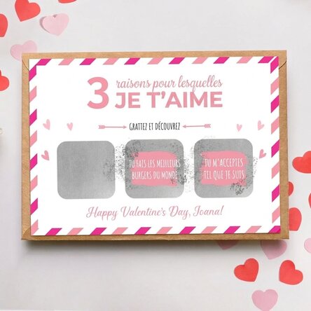 Carte à gratter personnalisée avec message - 3 raisons pour lesquelles je t'aime
