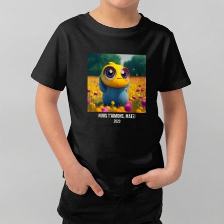 T-shirt en coton pour enfants, personnalisé avec une photo carrée et un texte