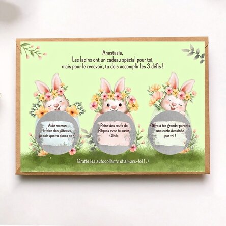 Carte à gratter personnalisée avec un message de Pâques - Les défis du lapin