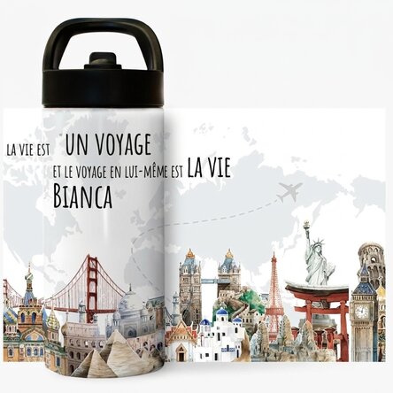 Thermos avec poignée et paille, personnalisé avec un prénom - Le voyage, c'est la vie