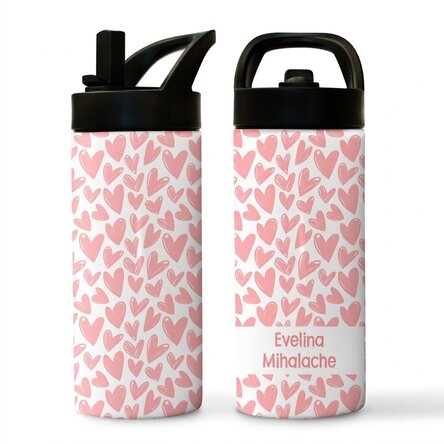 Thermos avec poignée et paille, personnalisé avec un prénom - Cœurs