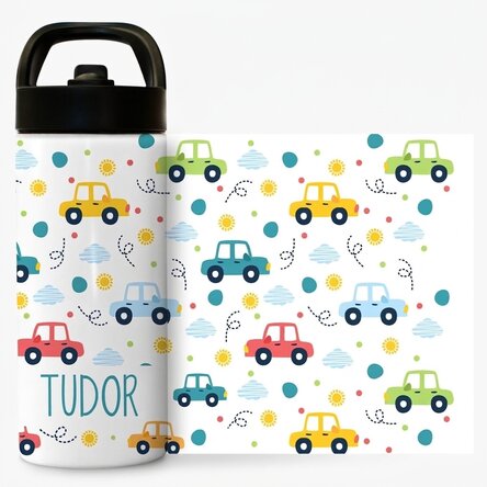 Thermos avec poignée et paille, personnalisé avec un prénom - Petites voitures