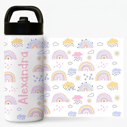 Thermos avec poignée et paille, personnalisé avec un prénom - Arc-en-ciel