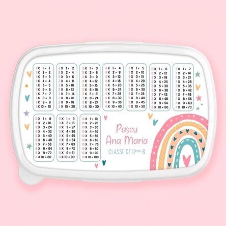 Boîte à repas, plat à four personnalisé avec prénom et table de multiplication - Arc-en-ciel