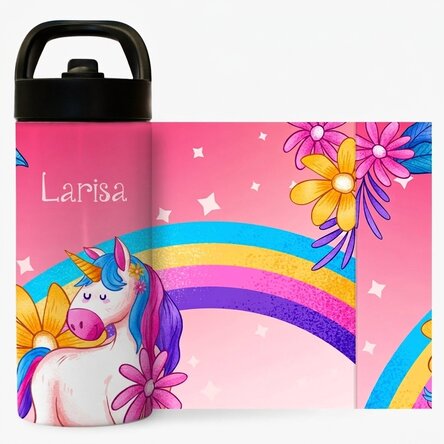 Thermos avec poignée et paille, personnalisé avec le prénom de l'enfant - Licorne