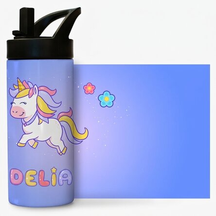 Thermos avec poignée et paille, personnalisé avec un prénom - Licorne
