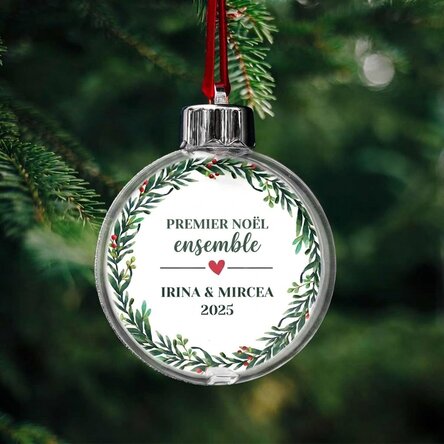 Boule de Noël transparente personnalisée recto-verso avec une photo et un message - Notre premier No