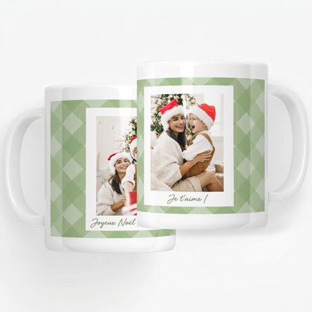 Tasse personnalisée avec deux photos et un texte - Carreaux verts
