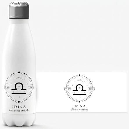 Thermos à base blanche personnalisé avec un texte et le signe du zodiaque de la Balance