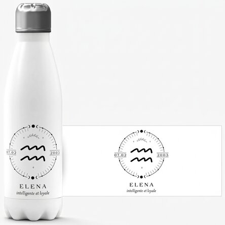 Thermos à base blanche personnalisé avec un texte et un signe du zodiaque