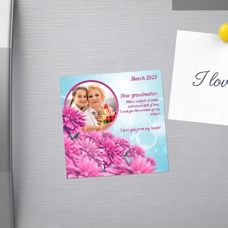 Aimant 10 x 10 personnalisé avec photo et texte - Printemps rose