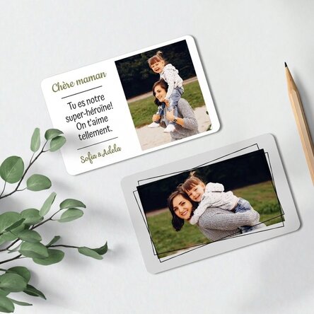 Carte en aluminium personnalisée recto-verso avec 2 photos et un message