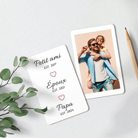 Carte en aluminium personnalisée recto-verso avec un message et une photo en portrait
