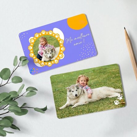 Carte en aluminium personnalisée recto-verso avec un texte et deux photos - L'ami à fourrure
