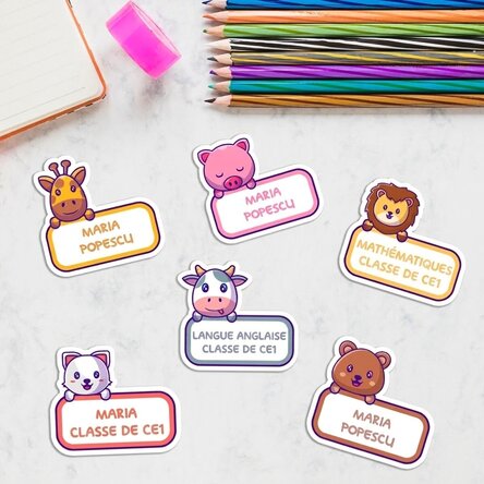 Lot de 12 autocollants (étiquettes adhésives) personnalisés pour l'école - Petits animaux