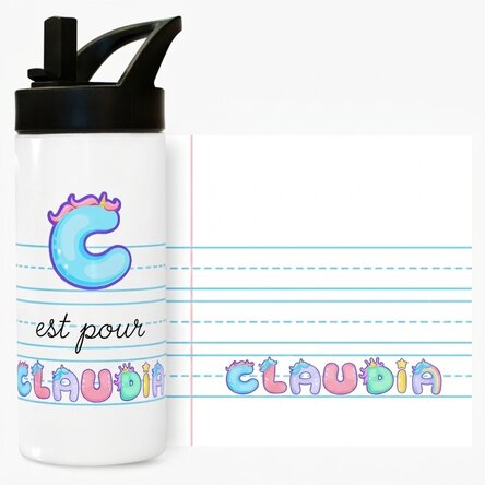 Thermos avec poignée et paille, personnalisé avec un prénom - modèle licorne