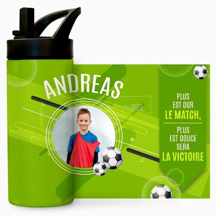 Thermos avec poignée et paille, personnalisé avec un texte et une photo - Le petit footballeur