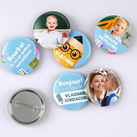 Lot de 6 badges personnalisés avec photos et message - Rentrée scolaire