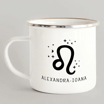 Personalised enamel metal mug with message - Leo zodiac sign