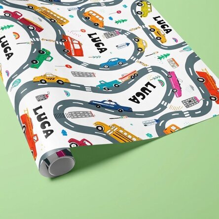 Papier d'emballage cadeau personnalisé avec texte - Petites voitures