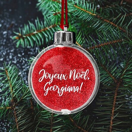 Boule transparente personnalisée recto-verso avec une photo et un texte - Joyeux Noël !