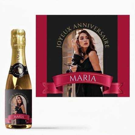Mini-bouteille de vin mousseux personnalisée avec une photo et un texte - Ruban