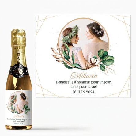 Mini-bouteille de vin mousseux personnalisée avec une photo et un texte pour la demoiselle d'honneur