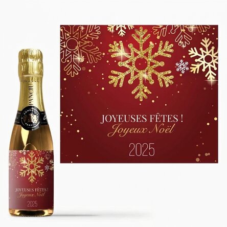 Mini-bouteille de vin mousseux personnalisée avec un message - Flocons de neige